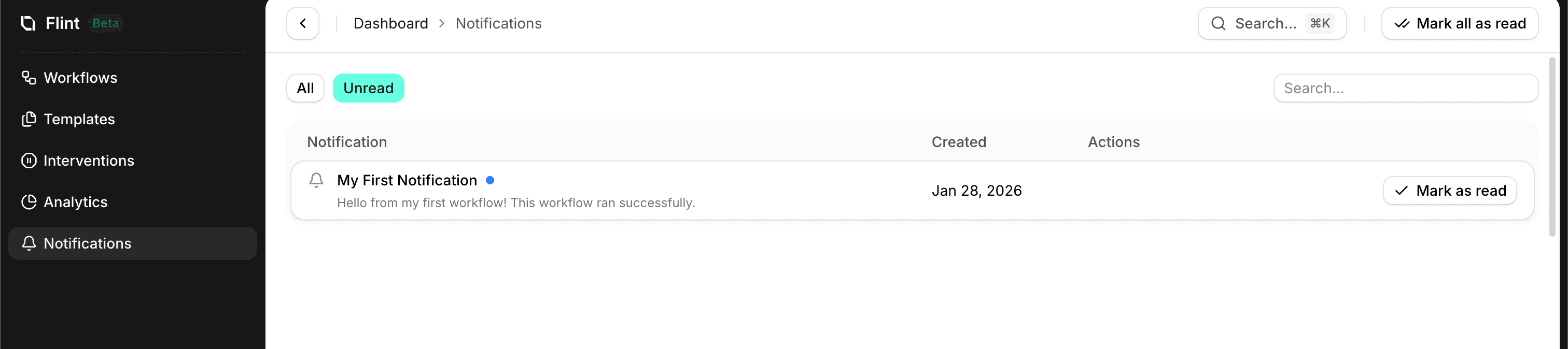 Notifications list showing the new notification