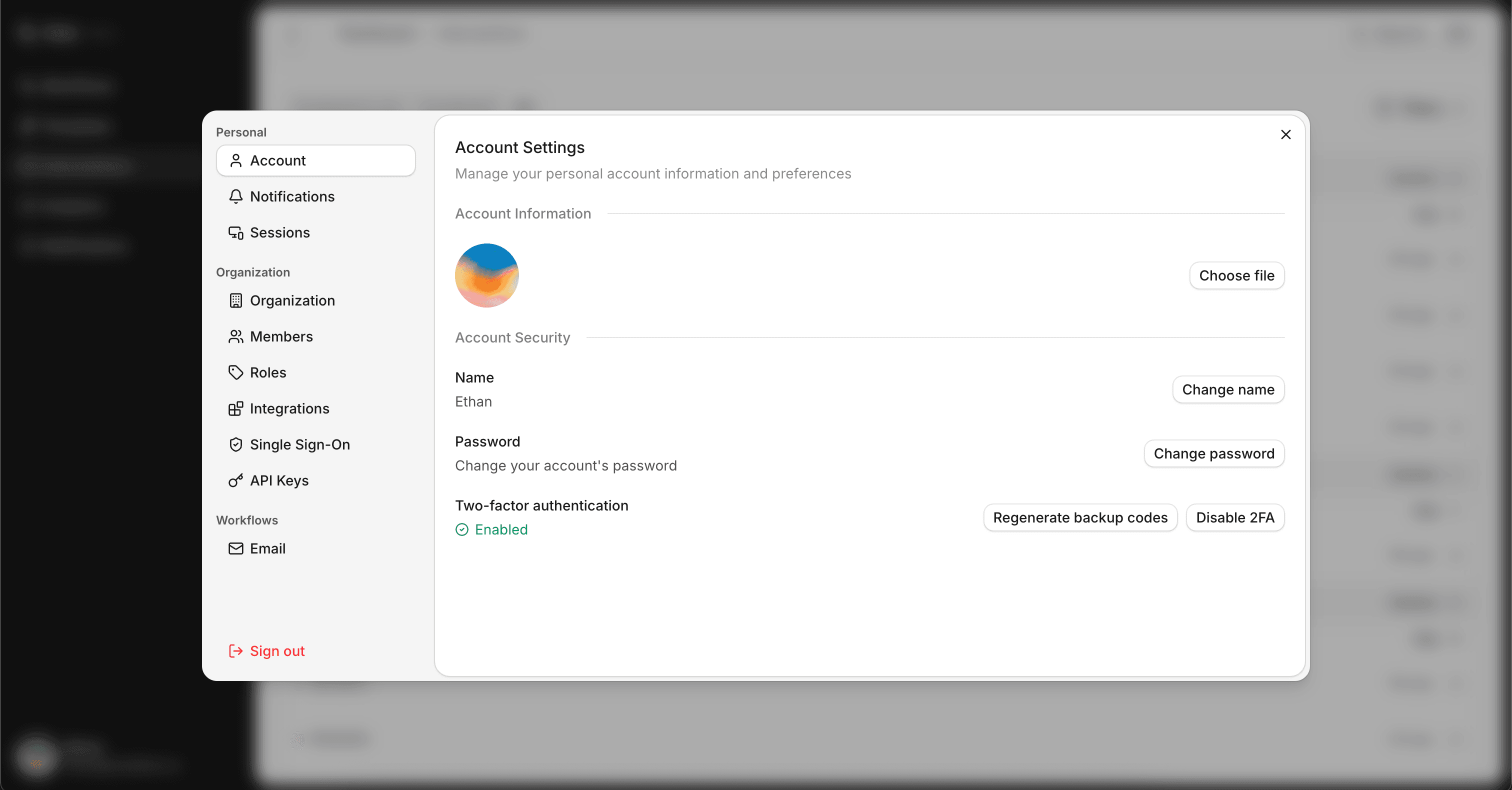 screenshot of settings dialog showing account tab