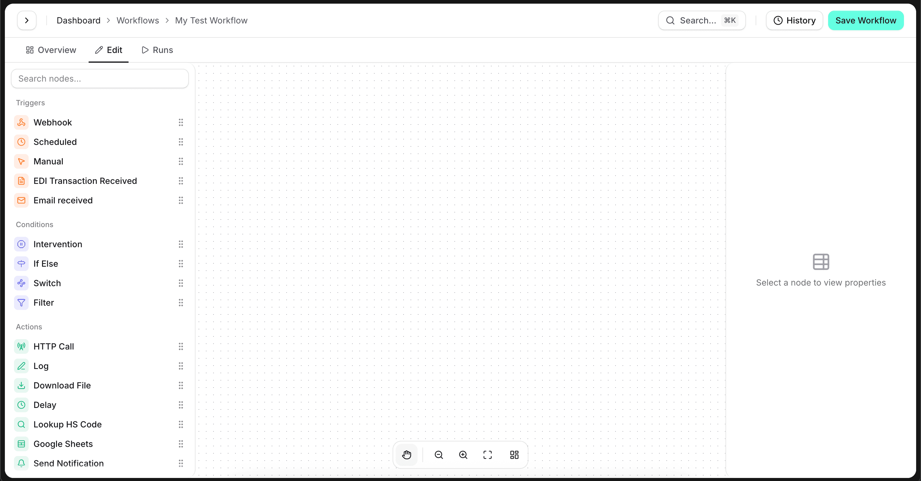 screenshot of /dashboard/workflows/[workflow]/edit showing the full editor layout