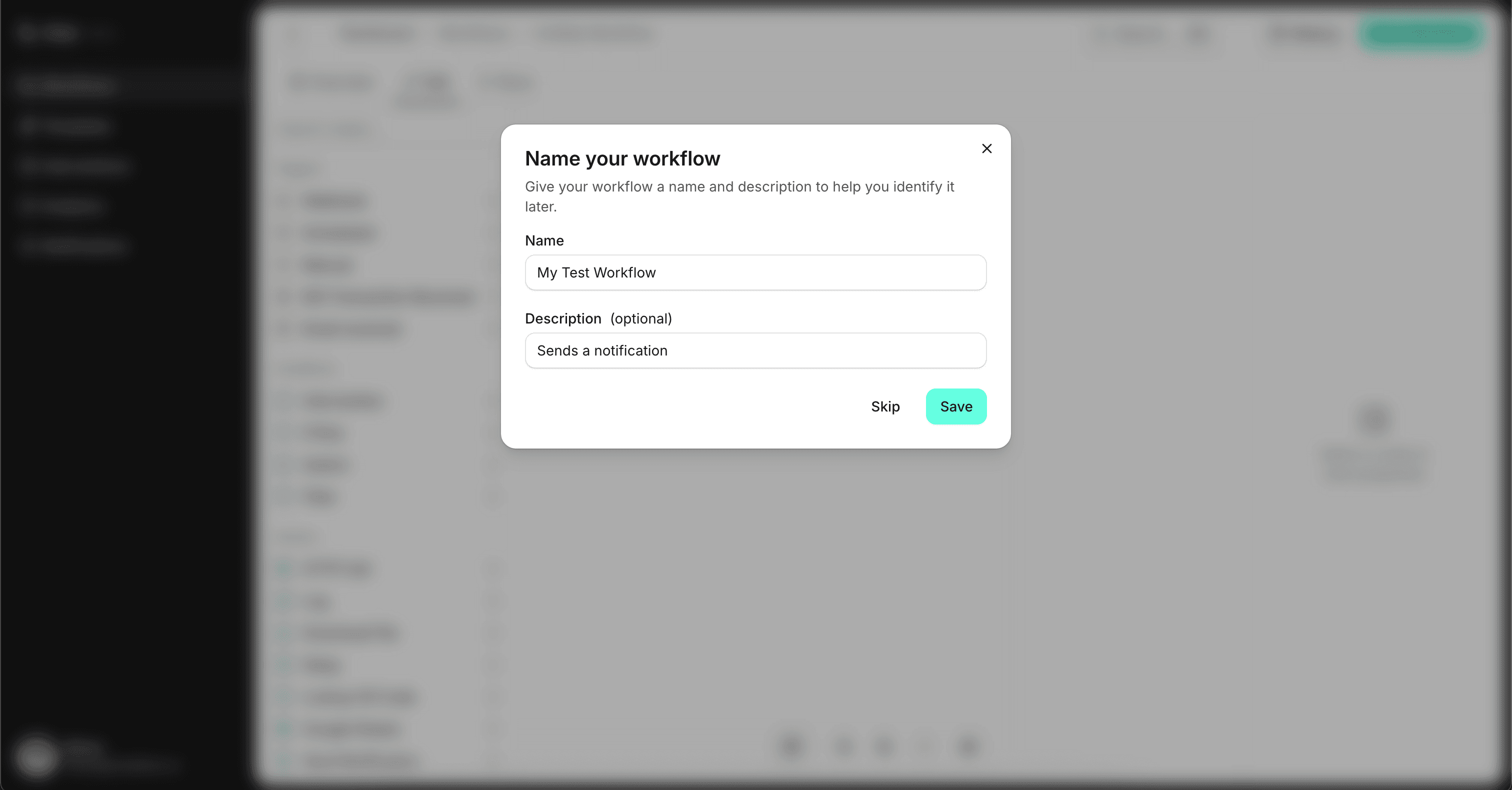screenshot of the workflow onboarding modal with name and description fields