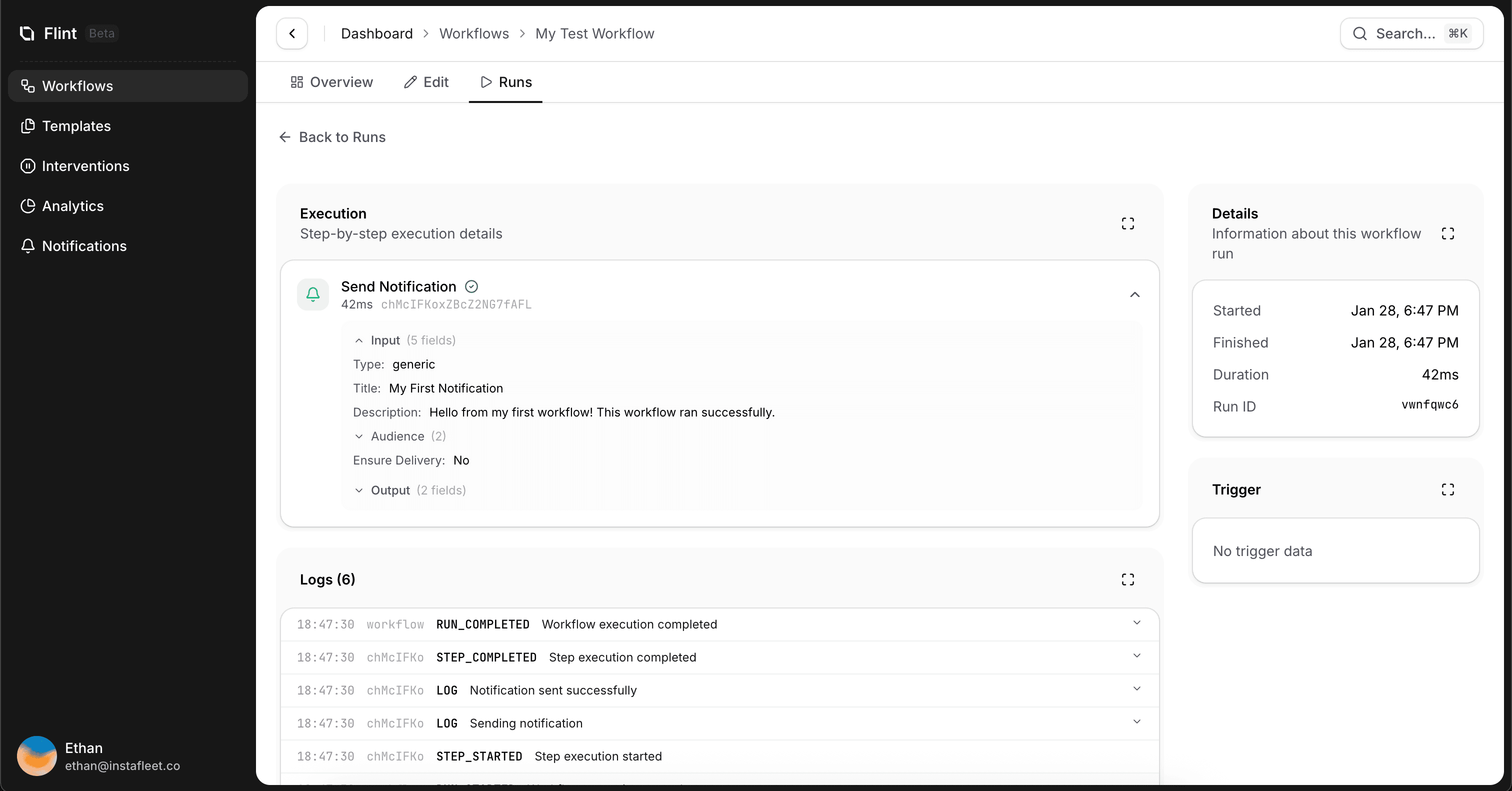 Workflow run details showing step execution